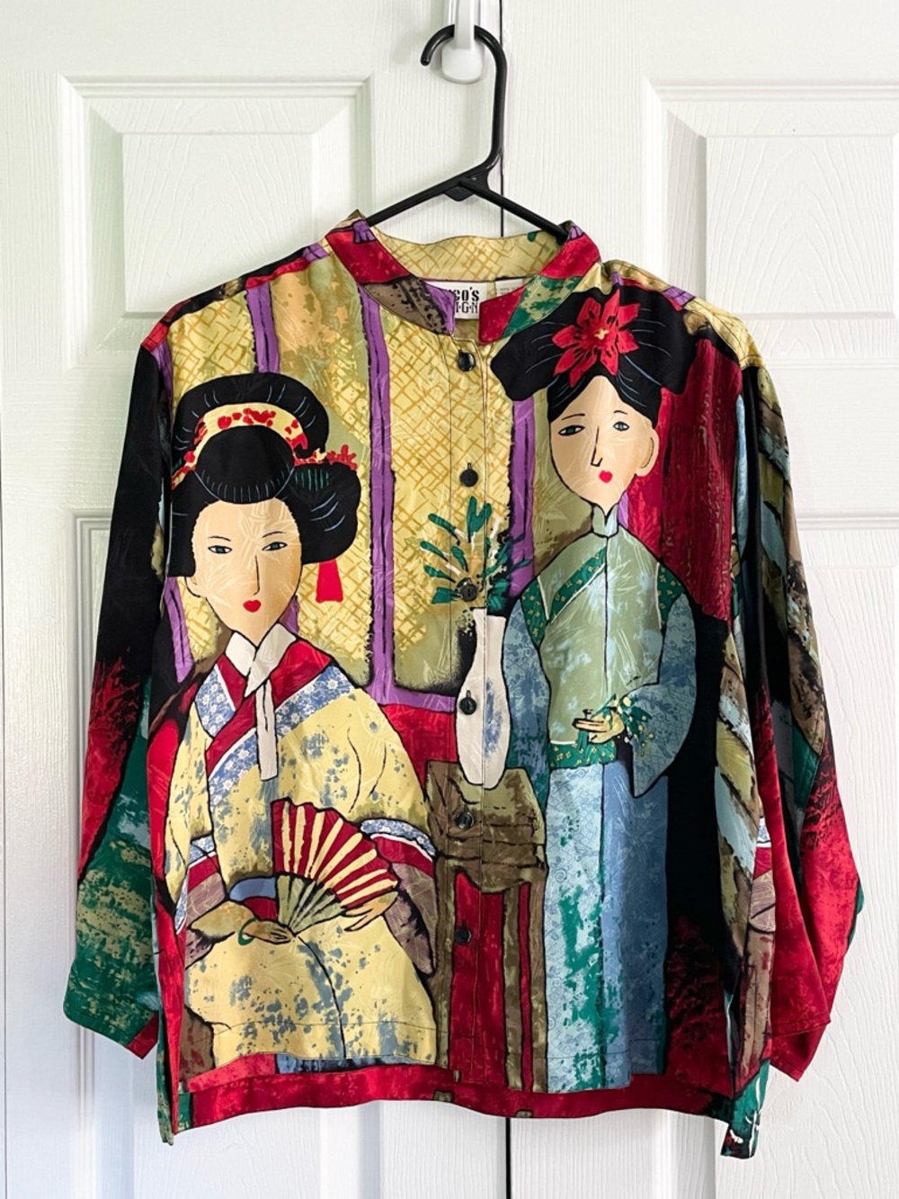CHICOS Vintage Geisha Silk Mandarin Collar Blouse Women's Size M / 8